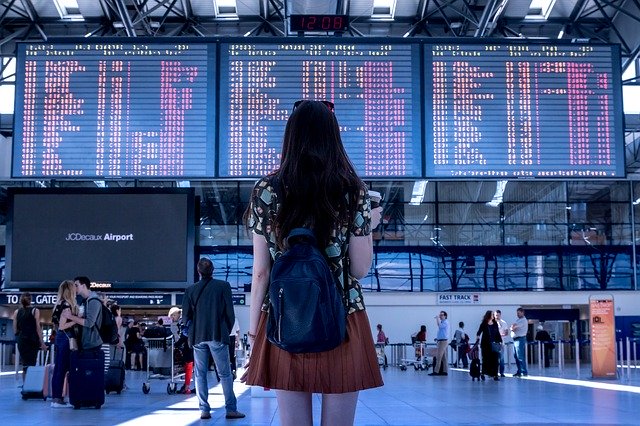 空港の発着時刻表を見上げる女性